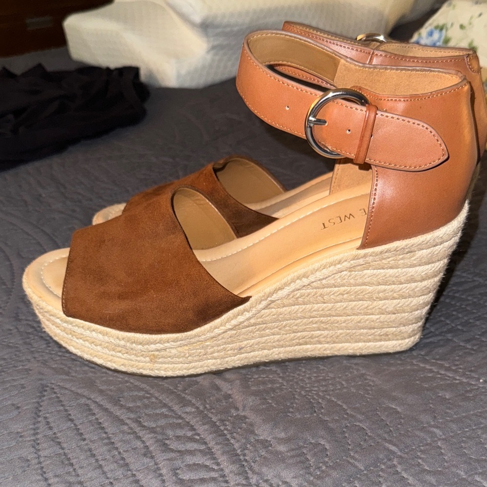 Nine West Tan and Brown Wedge Sandals